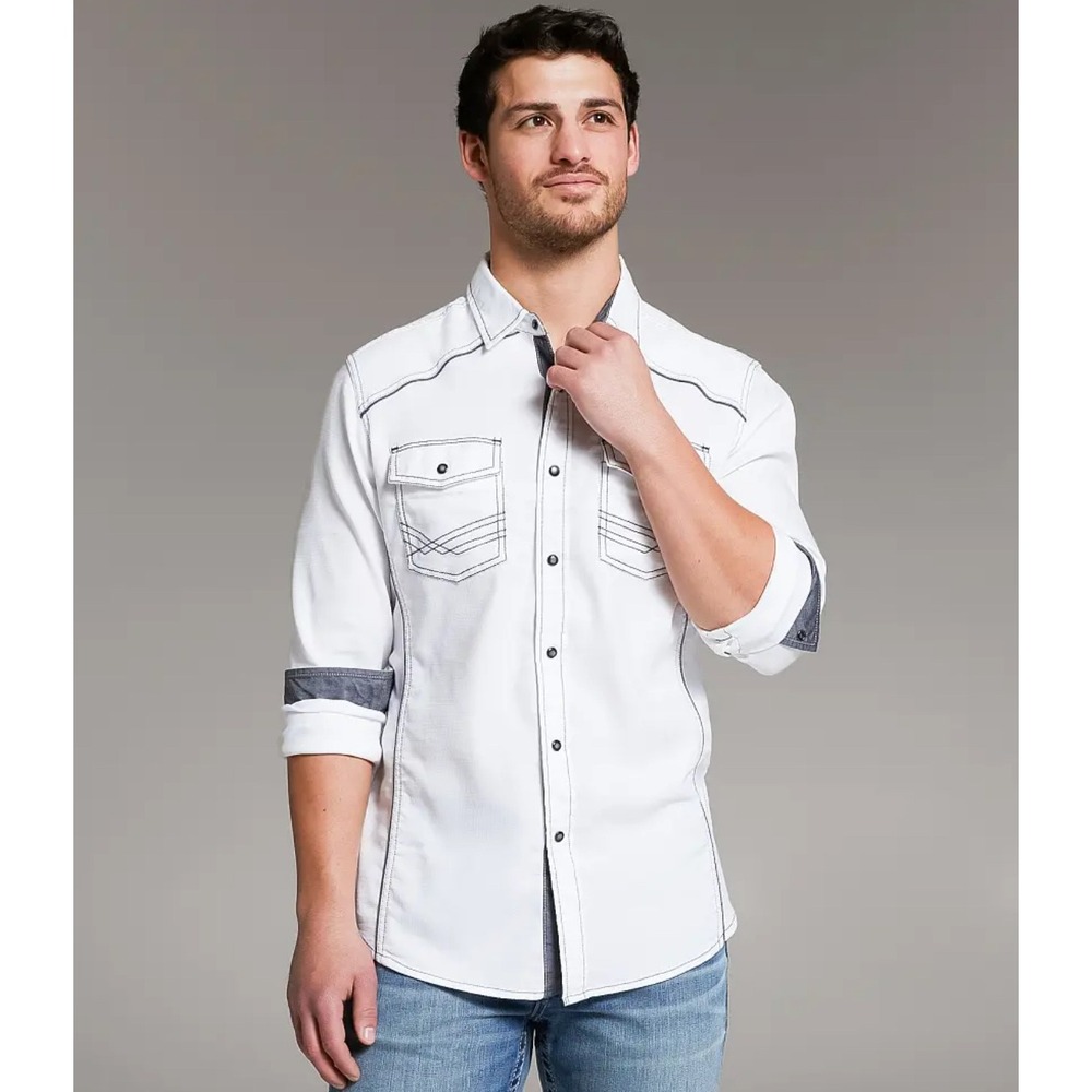 BKE Athletic Fit Mens Distressed White Long Sleeve Pearl Snap Shirt XL - READ